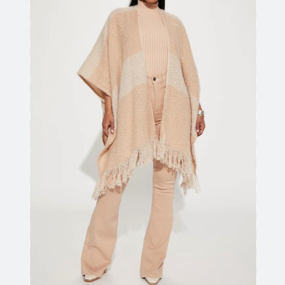 Fashion Nova Beige Tan Striped Cardigan/Poncho Style w/ Fringe One Size RN125525